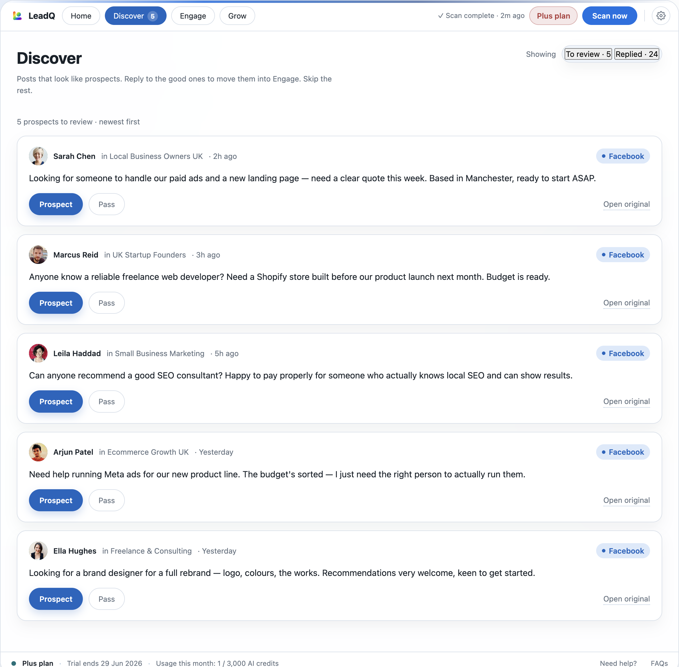 The LeadQ extension Discover tab: a list of scored prospects, each with a one-click Prospect or Pass action.