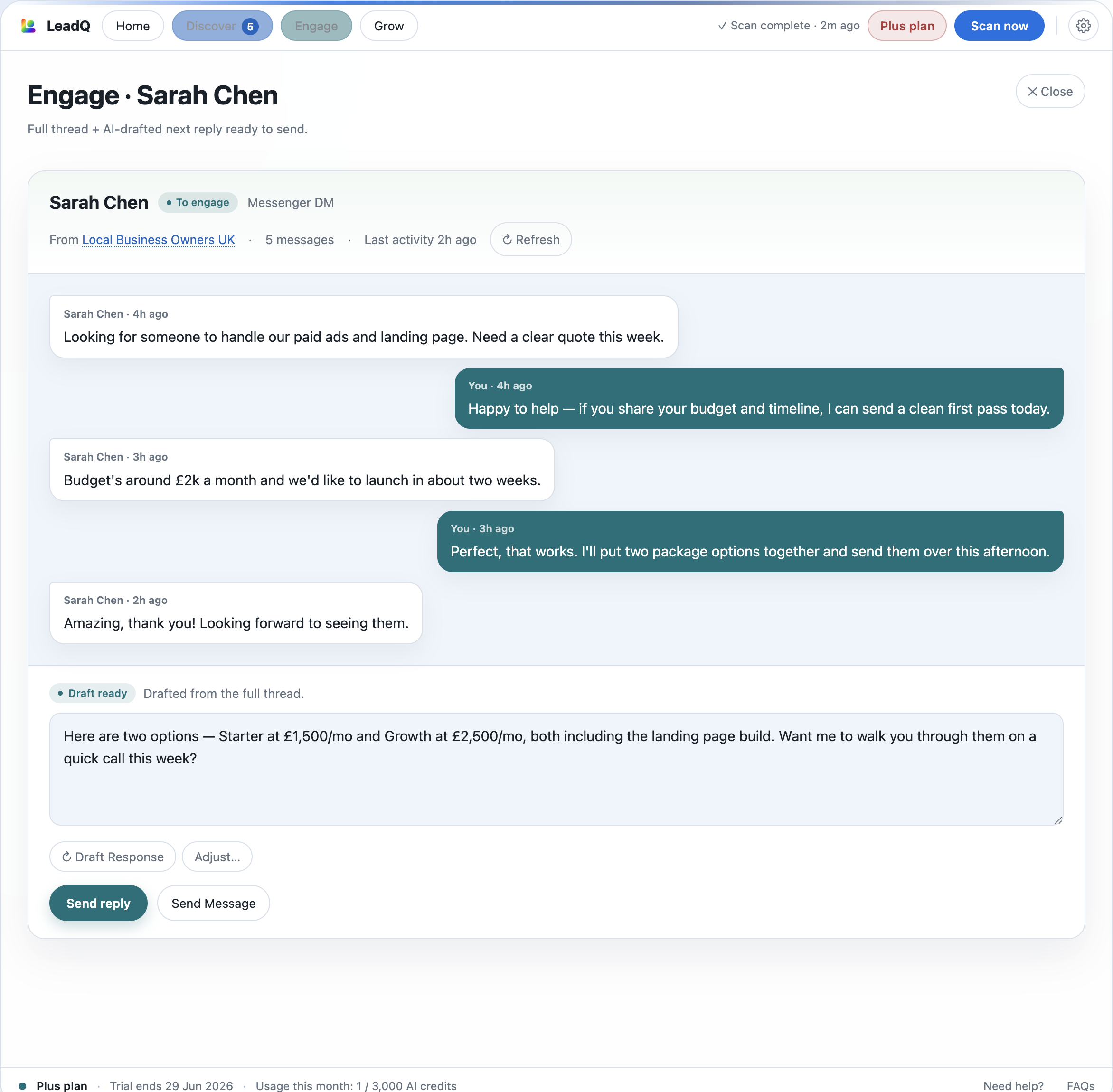 A LeadQ conversation drill-down: the full message thread with an AI-drafted reply ready to send.
