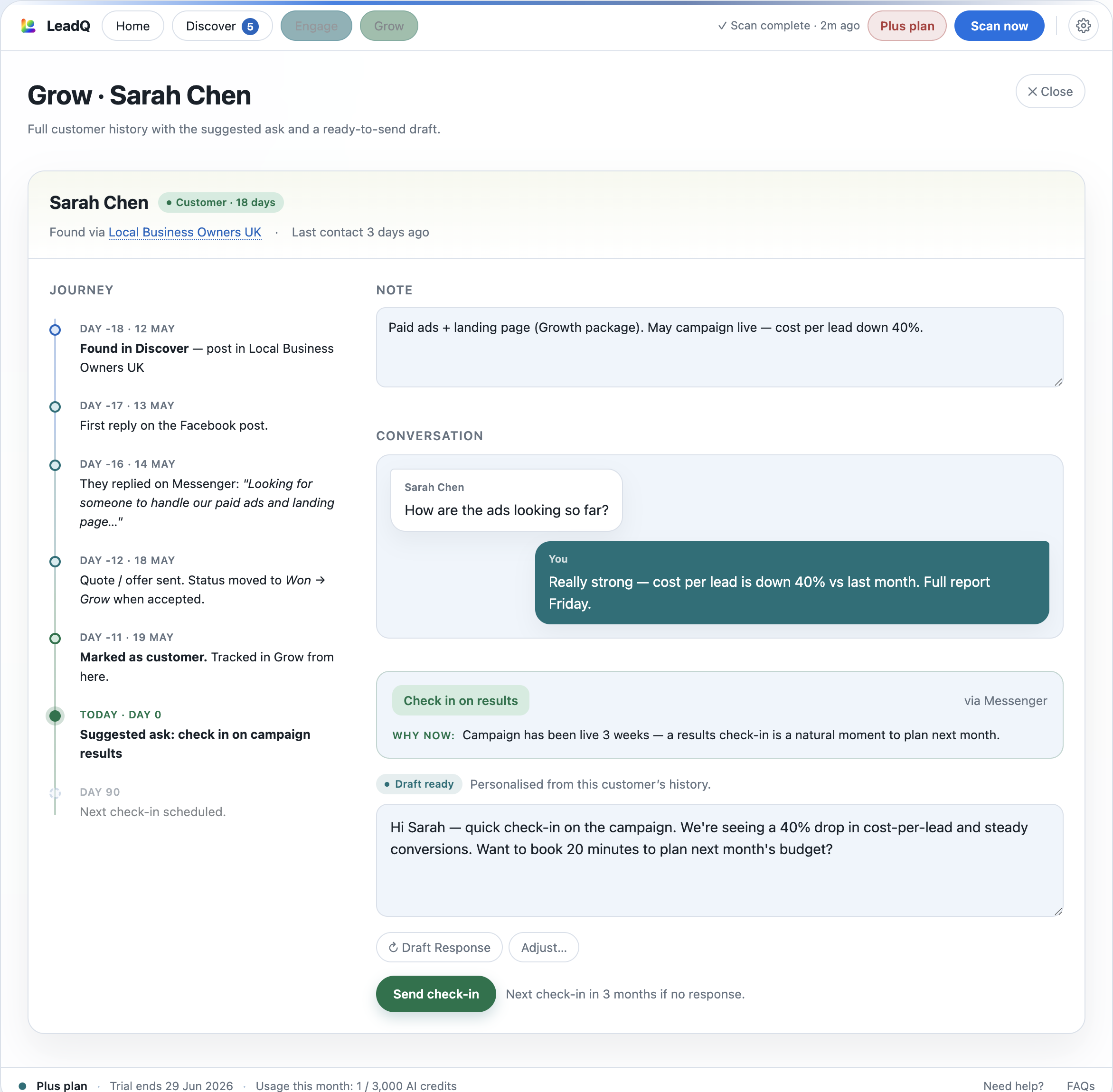 A LeadQ customer history view: a journey timeline, saved notes, past conversation, and a ready-to-send check-in draft.
