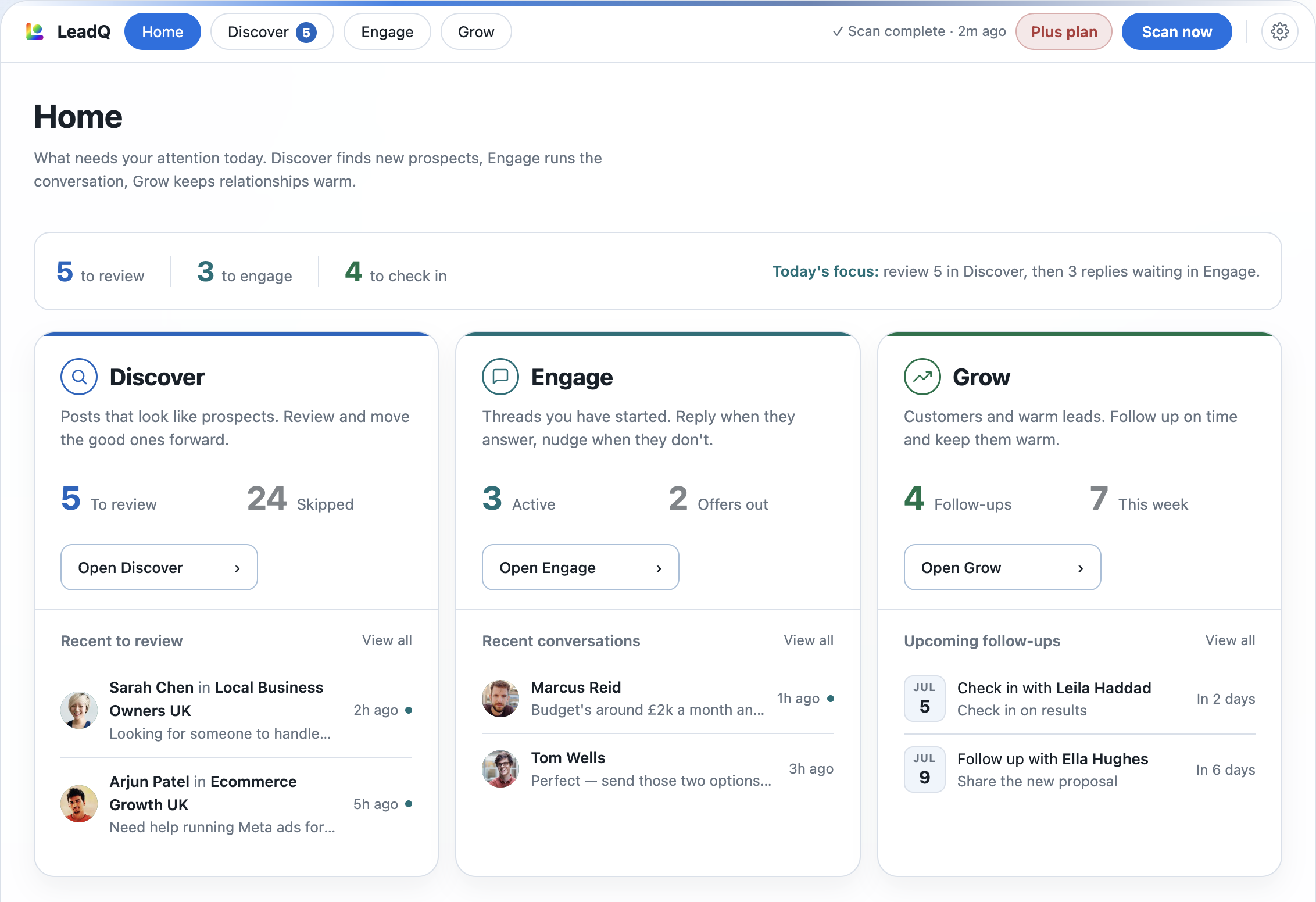 The LeadQ extension Home tab: a Discover / Engage / Grow pipeline showing prospects to review, active conversations, and follow-ups due, each with recent cards.